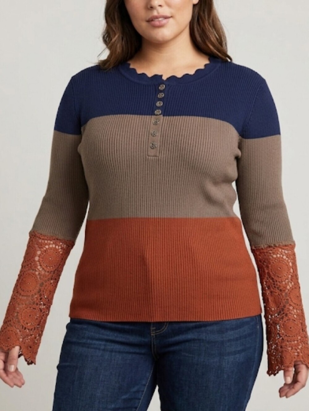 Colorblock Knit Top with Lace Bell Sleeves - Blue, Olive & Rust Best Fit Sm-Md